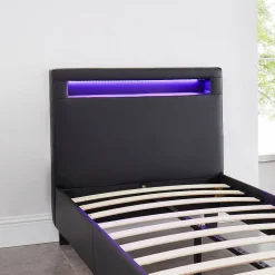 Lit LED simple LUCENO 90x190 cm, avec sommier, revêtement synthétique noir