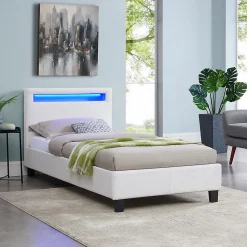 Lit LED simple LUCENO 90x190 cm, avec sommier, revêtement synthétique blanc