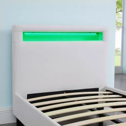 Lit LED simple LUCENO 90x190 cm, avec sommier, revêtement synthétique blanc