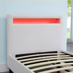 Lit LED simple LUCENO 90x190 cm, avec sommier, revêtement synthétique blanc
