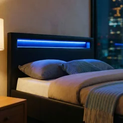 Lit LED simple MIRANDO 120x190 cm, avec sommier, revêtement synthétique noir