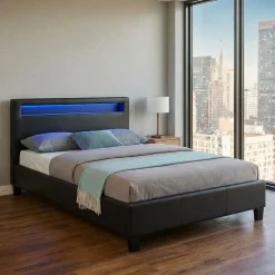 Lit LED simple MIRANDO 120x190 cm, avec sommier, revêtement synthétique noir