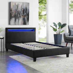 Lit LED simple MIRANDO 120x190 cm, avec sommier, revêtement synthétique noir