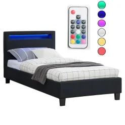 Lit LED simple MOLINA 90x190 cm, avec sommier, revêtement tissu noir