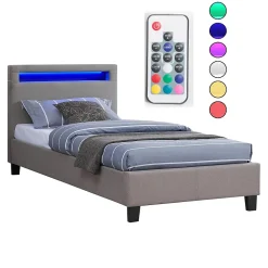 Lit LED simple MOLINA 90x190 cm, avec sommier, revêtement tissu gris