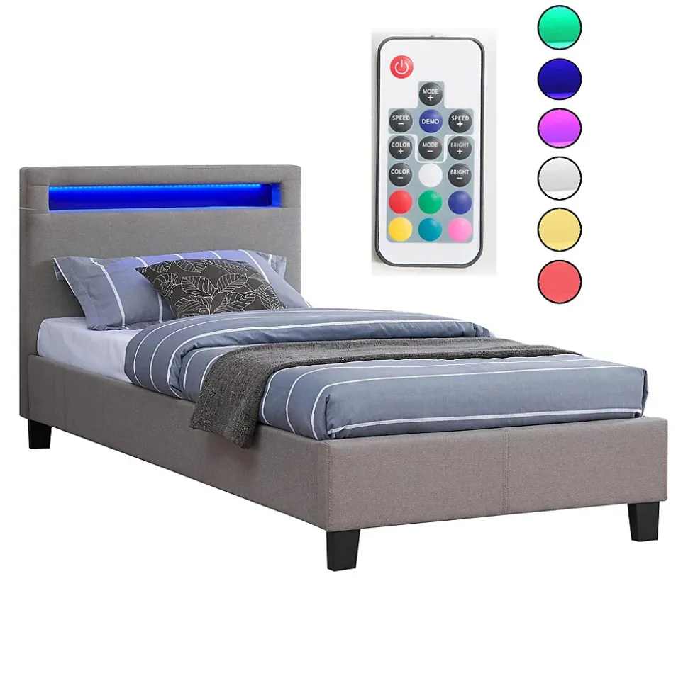 Lit LED simple MOLINA 90x190 cm, avec sommier, revêtement tissu gris