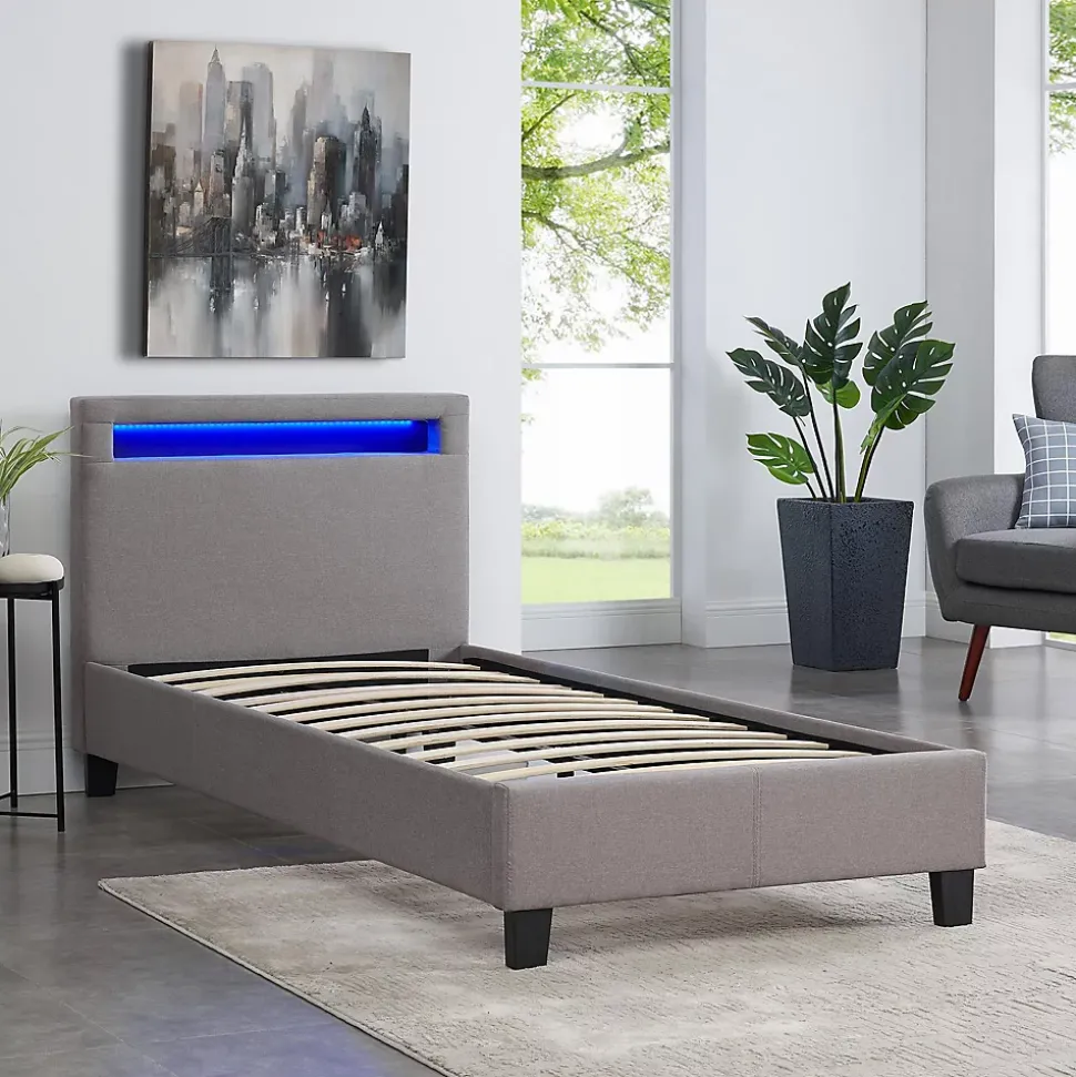 Lit LED simple MOLINA 90x190 cm, avec sommier, revêtement tissu gris