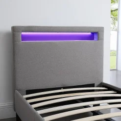 Lit LED simple MOLINA 90x190 cm, avec sommier, revêtement tissu gris