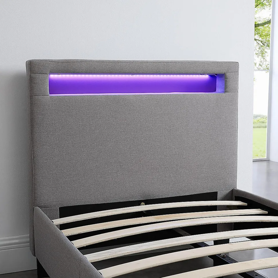 Lit LED simple MOLINA 90x190 cm, avec sommier, revêtement tissu gris