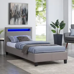 Lit LED simple MOLINA 90x190 cm, avec sommier, revêtement tissu gris