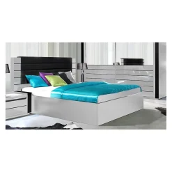 Lit LINA blanc et noir brillant 180 cm avec sommier et tete de lit en simili cuir noir