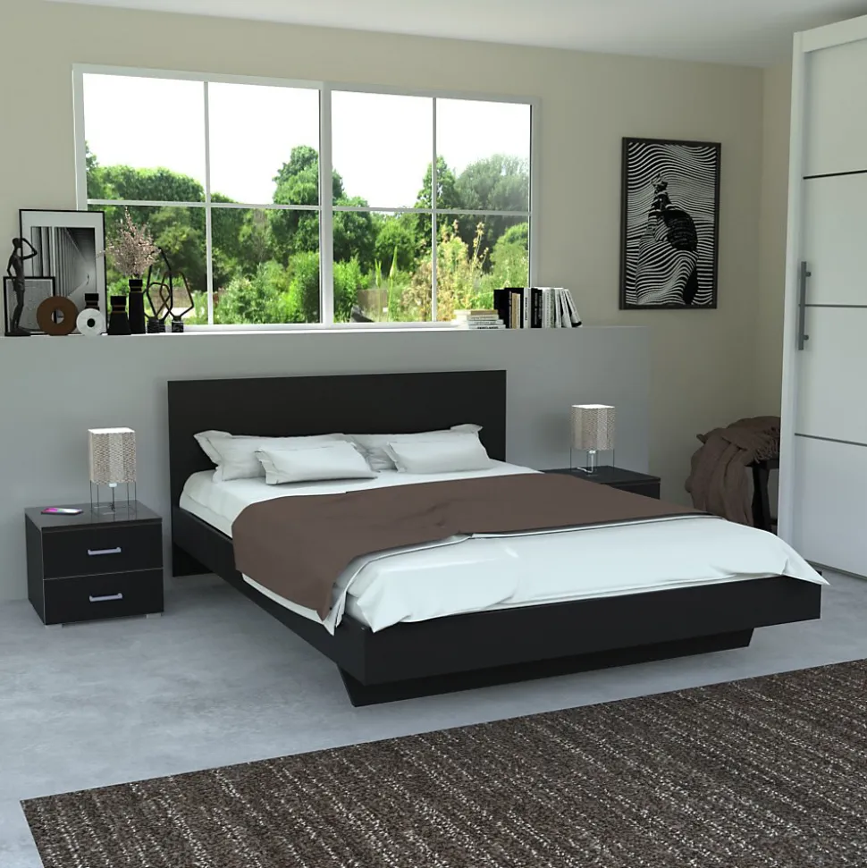 Lit LOFT 160x200 + 2 chevets + sommier + tête de lit / Noir