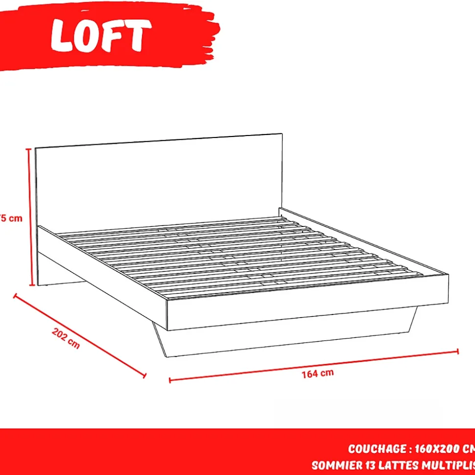 Lit LOFT 160x200 + 1 sommier + tête de lit / Décor Noir & chêne blanchi