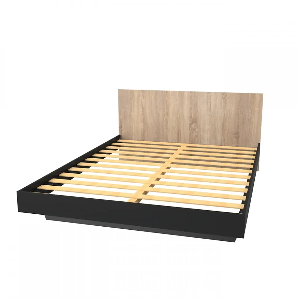 Lit LOFT 160x200 + 1 sommier + tête de lit / Décor Noir & chêne blanchi