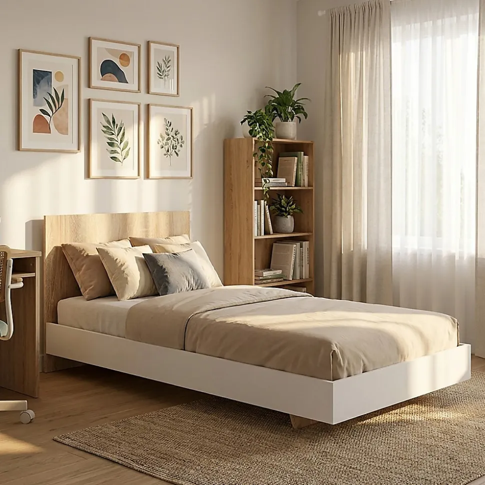 Lit LOFT 90x190 cm + sommier / Décor Blanc & chêne blanchi