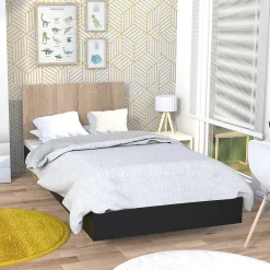 Lit LOFT 90x190 cm + sommier / Décor Noir & chêne blanchi