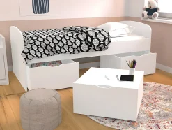 Lit LOUANE avec 2 tiroirs et 1 coffre de rangement - 90 x 190 cm - Blanc