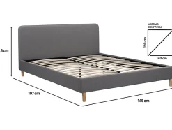 Lit louise habitat et jardin 203 x 148 x 90 cm en tissu cadre a lattes pour 2 personnes de couleur gris