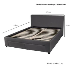 Lit LUGANO 160x200 + 1 sommier + 4 tiroirs / Gris foncé
