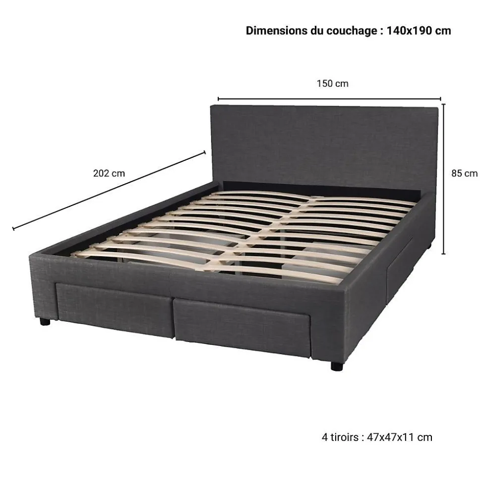 Lit LUGANO 140x190 + 1 sommier + 4 tiroirs / Gris foncé