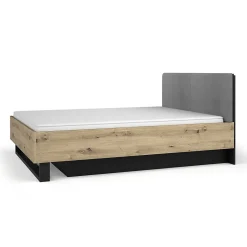 Lit MELODY 160x200 cm Tete de lit rembourrée Noir graphite et chene clair Sommier et matelas non inclus