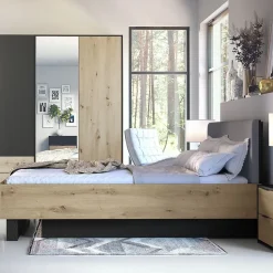 Lit MELODY 160x200 cm Tete de lit rembourrée Noir graphite et chene clair Sommier et matelas non inclus