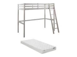 Lit mezzanine - 90 x 190 cm - Pin massif - Blanchi + matelas - GEDEON II