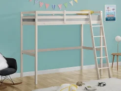 Lit mezzanine - 90 x 190 cm - Pin massif - Blanchi + matelas - GEDEON II