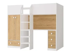 Lit mezzanine 90 x 190 cm avec armoire et bureau - Blanc et naturel - CINAMO