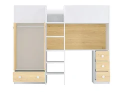 Lit mezzanine 90 x 190 cm avec armoire et bureau - Blanc et naturel - CINAMO