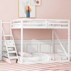 Lit Mezzanine - Lit enfant 140x200 cm avec Escalier Sécurisé, Structure Robuste MDF et Bois de Pin, Couleur Blanc