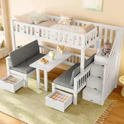 Lit Mezzanine 90 x 200 cm - avec Bureau et Lit Supplémentaire 2-en-1, Échelle de Rangement - Pin et MDF - Sans Matelas - Blanc