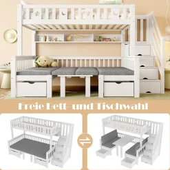 Lit Mezzanine 90 x 200 cm - avec Bureau et Lit Supplémentaire 2-en-1, Échelle de Rangement - Pin et MDF - Sans Matelas - Blanc