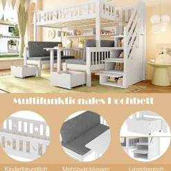 Lit Mezzanine 90 x 200 cm - avec Bureau et Lit Supplémentaire 2-en-1, Échelle de Rangement - Pin et MDF - Sans Matelas - Blanc