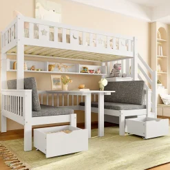 Lit Mezzanine 90 x 200 cm - avec Bureau et Lit Supplémentaire 2-en-1, Échelle de Rangement - Pin et MDF - Sans Matelas - Blanc