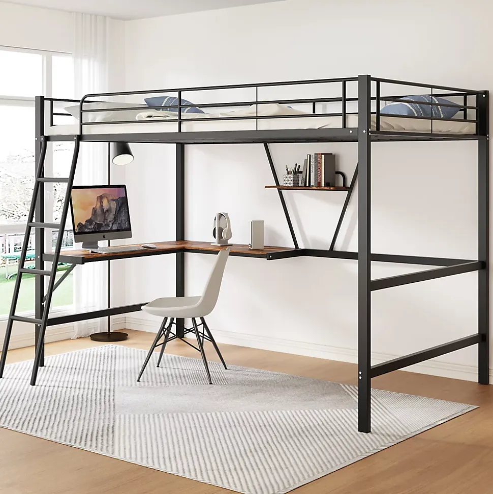 Lit Mezzanine 90 x 200 cm - Lit Simple avec Bureau en L et Étagère - Métal + MDF - Sans Matelas - Noir