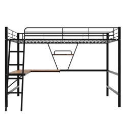 Lit Mezzanine 90 x 200 cm - Lit Simple avec Bureau en L et Étagère - Métal + MDF - Sans Matelas - Noir