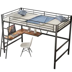 Lit Mezzanine 90 x 200 cm - Lit Simple avec Bureau en L et Étagère - Métal + MDF - Sans Matelas - Noir