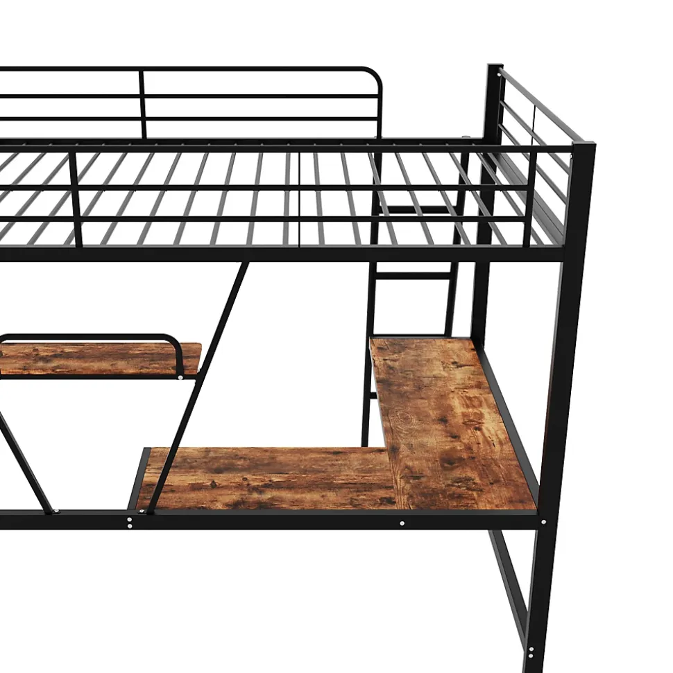 Lit Mezzanine 90 x 200 cm - Lit Simple avec Bureau en L et Étagère - Métal + MDF - Sans Matelas - Noir