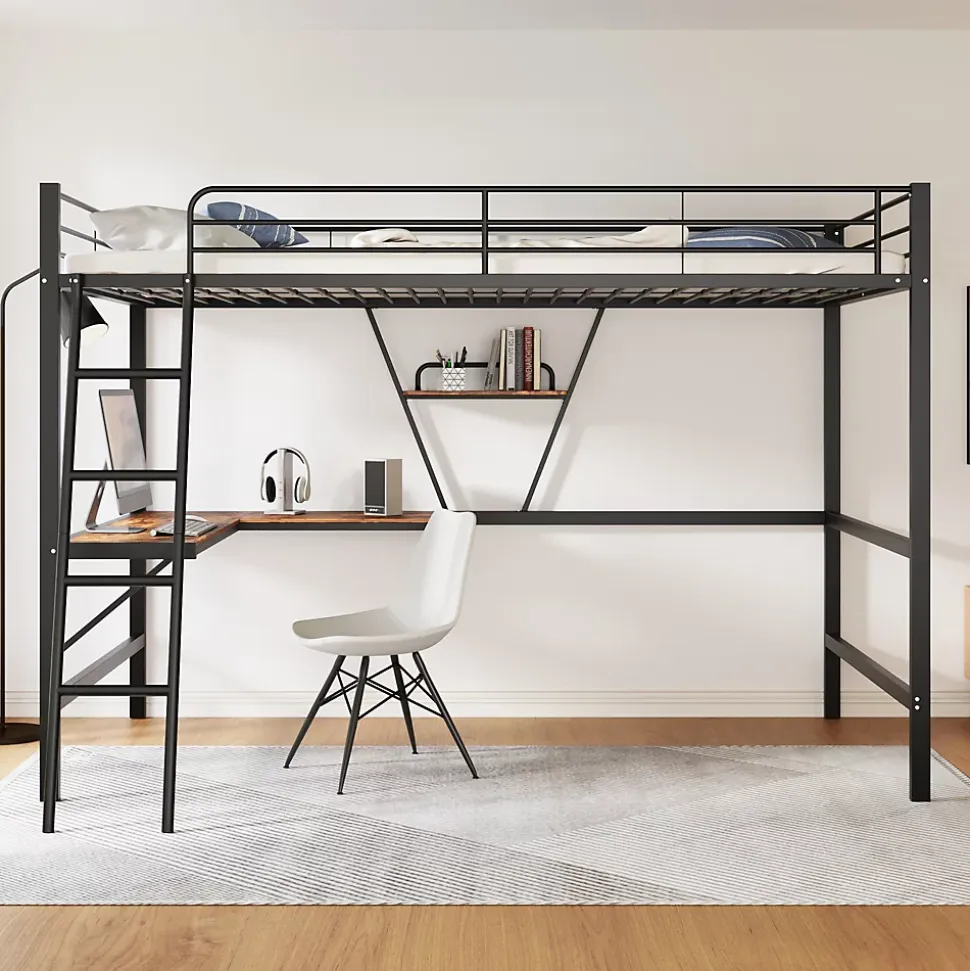 Lit Mezzanine 90 x 200 cm - Lit Simple avec Bureau en L et Étagère - Métal + MDF - Sans Matelas - Noir