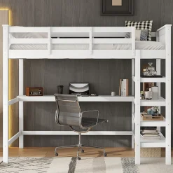 Lit Mezzanine 140 x 200 cm - Lit enfant avec Bureau et Rangements - Pin + MDF - Sans Matelas - Blanc