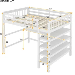 Lit Mezzanine 140 x 200 cm - Lit enfant avec Bureau et Rangements - Pin + MDF - Sans Matelas - Blanc