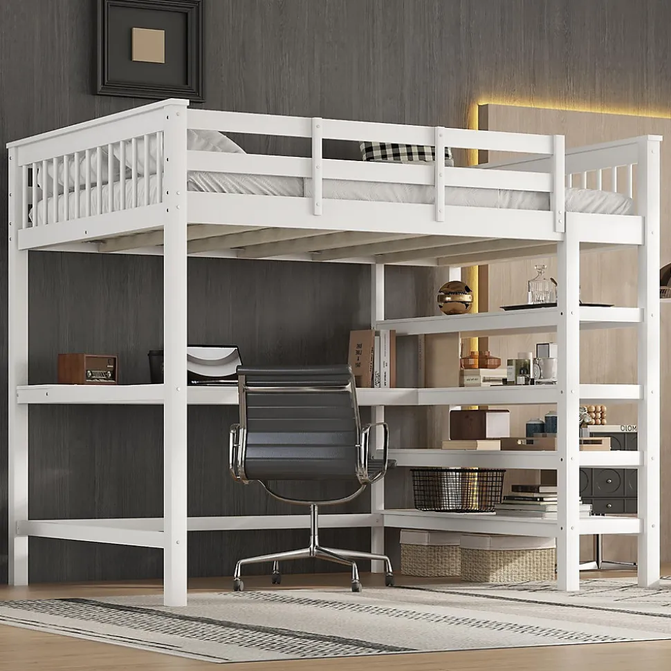 Lit Mezzanine 140 x 200 cm - Lit enfant avec Bureau et Rangements - Pin + MDF - Sans Matelas - Blanc
