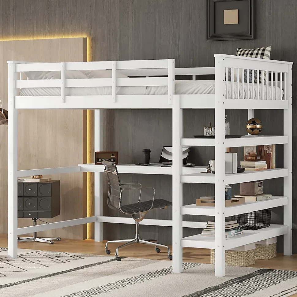 Lit Mezzanine 140 x 200 cm - Lit enfant avec Bureau et Rangements - Pin + MDF - Sans Matelas - Blanc
