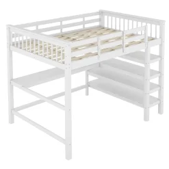 Lit Mezzanine 140 x 200 cm - Lit enfant avec Bureau et Rangements - Pin + MDF - Sans Matelas - Blanc