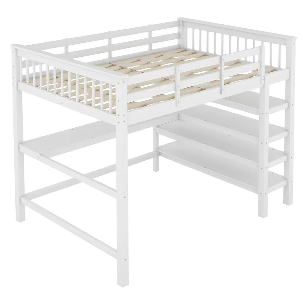 Lit Mezzanine 140 x 200 cm - Lit enfant avec Bureau et Rangements - Pin + MDF - Sans Matelas - Blanc