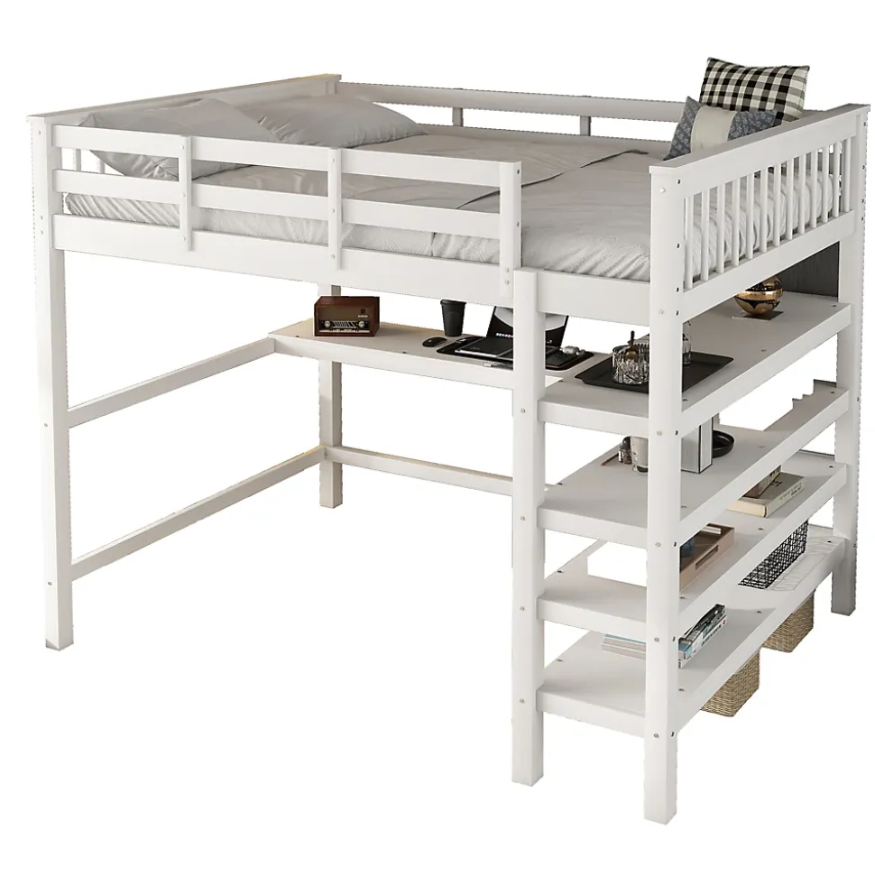 Lit Mezzanine 140 x 200 cm - Lit enfant avec Bureau et Rangements - Pin + MDF - Sans Matelas - Blanc