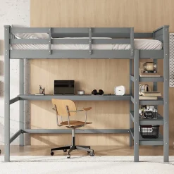 Lit Mezzanine 140 x 200 cm - Lit enfant avec Bureau et Rangements - Pin + MDF - Sans Matelas - Gris