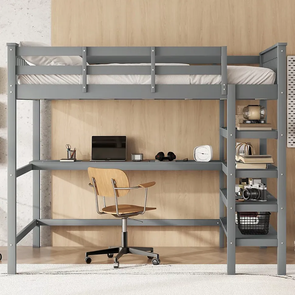 Lit Mezzanine 140 x 200 cm - Lit enfant avec Bureau et Rangements - Pin + MDF - Sans Matelas - Gris