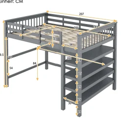 Lit Mezzanine 140 x 200 cm - Lit enfant avec Bureau et Rangements - Pin + MDF - Sans Matelas - Gris